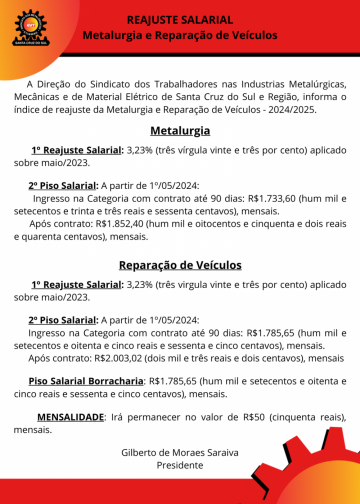 REAJUSTE SALARIAL - Metalurgia e Reparação de Veículos-2024/2025